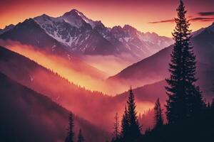 ai generiert monochromatisch Hintergrund, Sonnenuntergang Über das bewaldet Berg Landschaft foto