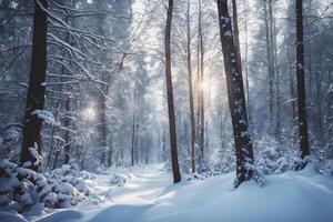 ai generiert majestätisch Sonnenaufgang im das Winter Berge Landschaft foto