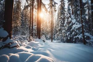 ai generiert majestätisch Sonnenaufgang im das Winter Berge Landschaft foto