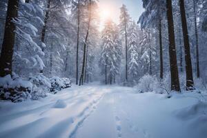 ai generiert majestätisch Sonnenaufgang im das Winter Berge Landschaft foto