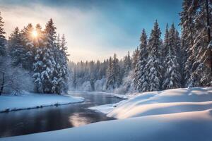 ai generiert majestätisch Sonnenaufgang im das Winter Berge Landschaft foto