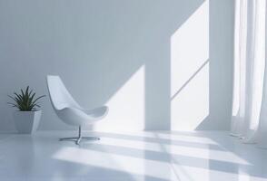 ai generiert elegant minimalistisch Weiß Zimmer mit ein glatt modern Stuhl, beschwingt eingetopft Anlage, und Sanft natürlich Licht Gießen Schatten. foto