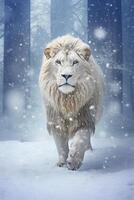 ai generiert Porträt von ein Weiß männlich Löwe im ein schneebedeckt Umfeld, ai generiert foto