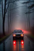 ai generiert ein Auto mit rot Beleuchtung ist Fahren Nieder ein nebelig Straße beim Nacht. ai generativ foto