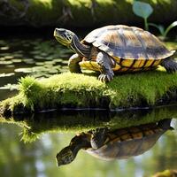 ai generiert ein Schildkröte Einweichen oben das Sonnenlicht auf ein moosbedeckt Log im ein still Teich, Erstellen ein heiter und friedlich Szene. ai generativ foto