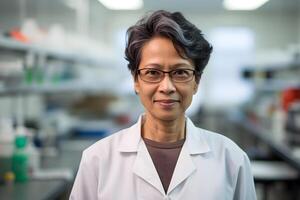 ai generiert Porträt Foto von ein jung gut aussehend asiatisch weiblich Wissenschaftler im Labor, Weiß Hintergrund. Konzept von beweisend ein gesund Produkt.