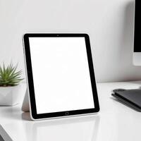 ai generiert Tablette mit ein leer Weiß Bildschirm sitzt auf ein Weiß Schreibtisch. ai generativ foto