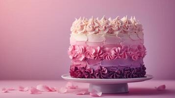 ai generiert ein charmant Ombre Kuchen mit Schichten von Rosa und lila, schön angezeigt gegen ein sauber Hintergrund foto