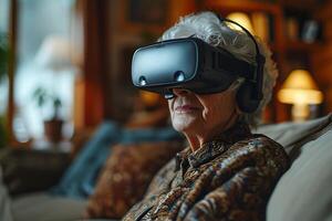 ai generiert Alten Frau tragen virtuell Wirklichkeit Headset genießt Technologie im ihr Leben Zimmer. foto