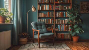 ai generiert ein gemütlich lesen Winkel mit ein Mitte des Jahrhunderts modern Stuhl, Fußboden Lampe, und ein an der Wand montiert Bücherregal foto