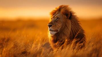 ai generiert ein Regal Löwe Vermessung es ist Savanne Königreich unter das golden afrikanisch Sonne foto