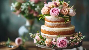 ai generiert ein atemberaubend nackt Kuchen geschmückt mit frisch Blumen und Grün, Erstellen ein rustikal noch elegant aussehen foto