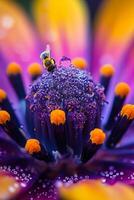 ai generiert nah abstrakt Blumen im Gelbe und Purpur nachahmen das Perspektive von ein Biene Sammeln Nektar foto