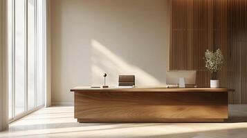 ai generiert ein glatt, minimalistisch Büro Schreibtisch mit ein poliert Holz beenden, symbolisieren Professionalität foto