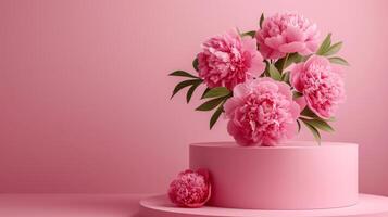 ai generiert leeren Rosa Podium und Pfingstrosen Blumen Nächster zu es auf ein minimalistisch Rosa Hintergrund foto