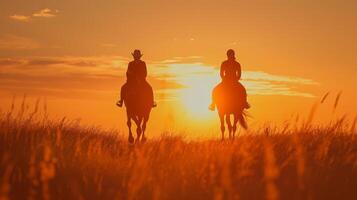 ai generiert anmutig Pferd Silhouetten und erdig Farbtöne Erfassung das Schönheit von zu Pferd Reiten foto