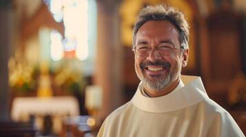 ai generiert ein des Priesters heiter lächeln, Erfassen das Wesen von Frieden und Hingabe im das Kirche foto