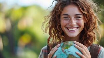 ai generiert ein Umwelt Aktivisten Lächeln symbolisiert ihr Widmung zu konservieren das Planet zum Zukunft Generationen foto