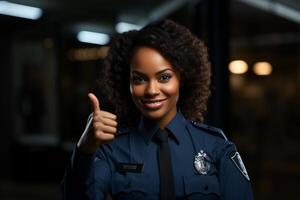 ai generiert lächelnd weiblich Polizei Offizier im Uniform geben ein Daumen hoch Zeichen, symbolisieren Vertrauen und Sicherheit foto