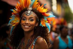 ai generiert beschwingt Karneval Tänzer lächelnd mit ein bunt Feder Kopfschmuck und Gesicht Farbe foto