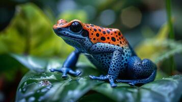 ai generiert ein beschwingt vergiften Pfeil Frosch präsentieren es ist lebendig Farben im das üppig Regenwald foto