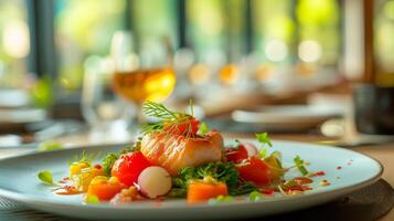 ai generiert ein Bild von hohe Qualität Essen mit ein abspielen von Licht, Zeichnung Beachtung zu ein Restaurant foto