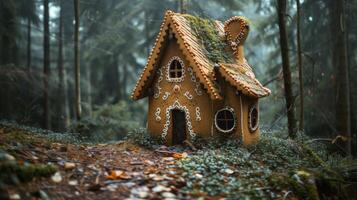ai generiert verzaubert Lebkuchen Haus im Wald foto