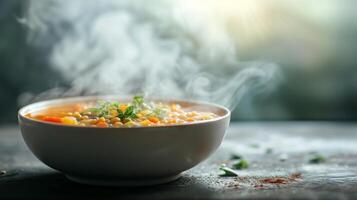 ai generiert Dampf steigend von ein heiß Schüssel von Suppe, aufrufen Komfort und Wärme foto