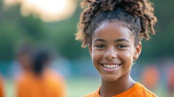 ai generiert ein jung Sportler Lächeln Spiegel ihr Widmung zu Sport und erreichen Gipfel Performance foto