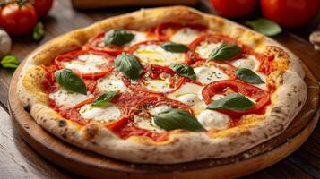 ai generiert ein klassisch neapolitanisch Pizza, geschmückt mit Tomaten, Mozzarella, Basilikum, und Olive Öl foto