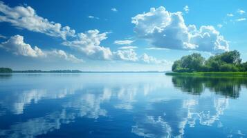 ai generiert Ruhe Wasser im Schatten von Blau Spiegel das Gelassenheit von ein friedlich Seeufer Szene foto