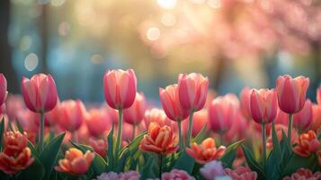 ai generiert ein leicht verschwommen Hintergrund von ein Frühling Park mit Blühen Bäume und beschwingt Tulpen foto