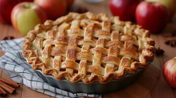 ai generiert ein hausgemacht Apfel Kuchen, goldbraun Kruste, gefüllt mit mit Zimt gewürzt Äpfel, ein Symbol von amerikanisch Komfort. foto