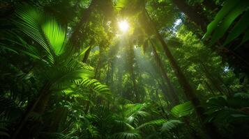 ai generiert üppig, Smaragd Regenwald Überdachung, ein heiter Paradies zum Ökotourismus und Abenteuer Suchende. foto