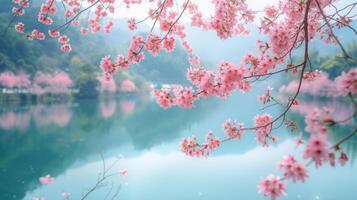 ai generiert Kirsche Blüten im voll blühen, Erstellen ein zart Rosa Überdachung gegen ein heiter See Hintergrund. foto