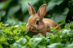 ai generiert zufrieden Hase knabbern auf ein Bett von frisch grüne, mit ein Zucken Rosa Nase. foto