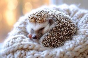 ai generiert klein, mollig Igel zusammengerollt in ein stachelig Ball, nehmen ein gemütlich Nickerchen. foto