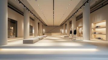 ai generiert ein minimalistisch Mode Ausstellungsraum mit Scheinwerfer Hervorheben elegant Kleider und Zubehör. foto