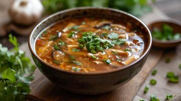 ai generiert ein Schüssel von heiß und sauer Suppe, ein asiatisch Freude, mit ein perfekt Balance von würzig und scharf Aromen foto