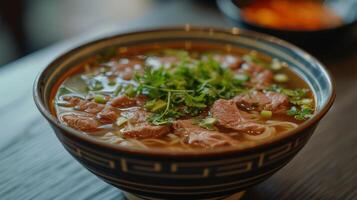 ai generiert ein duftend Schüssel von Pho, ein Vietnamesisch Nudel Suppe, mit dünn geschnitten Rindfleisch und aromatisch Kräuter. foto