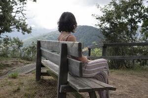 Frau Sitzung zurück auf hölzern Bank im asturisch Landschaft foto