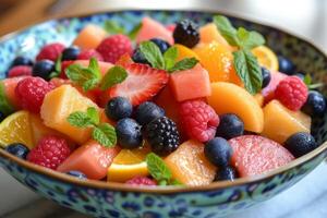 ai generiert bunt Obst Salat, ein Medley von Zitrus, Melonen, und Beeren, Sprengung mit Frische. foto