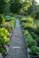 ai generiert ein gut organisiert Potager Garten, mischen Zier und essbar Pflanzen im perfekt Harmonie. foto