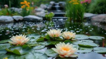 ai generiert ein Wasser Garten mit Lilien und Wasser- Pflanzen, Erstellen ein still Oase mit reflektierend Teiche. foto
