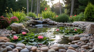 ai generiert ein Wasser Garten mit Lilien und Wasser- Pflanzen, Erstellen ein still Oase mit reflektierend Teiche. foto