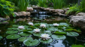 ai generiert ein Wasser Garten mit Lilien und Wasser- Pflanzen, Erstellen ein still Oase mit reflektierend Teiche. foto