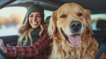 ai generiert ein jung schön Familie ist Sitzung im ein Auto mit ihr flauschige golden Retriever Hund foto