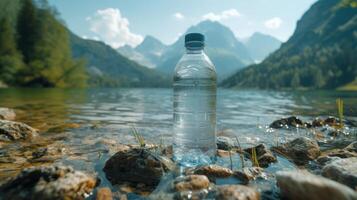 ai generiert beschreibend ein Flasche von rein Wasser mit ein bergig Hintergrund foto