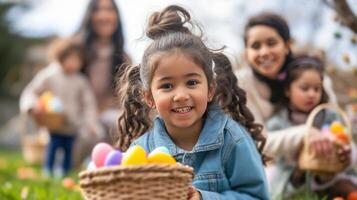 ai generiert Kinder und Erwachsene eifrig vorbereiten zum ein Ostern Ei jagen foto