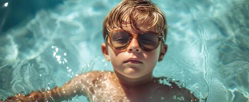 ai generiert Junge Schwimmen im ein Schwimmen Schwimmbad mit Sonnenbrille foto